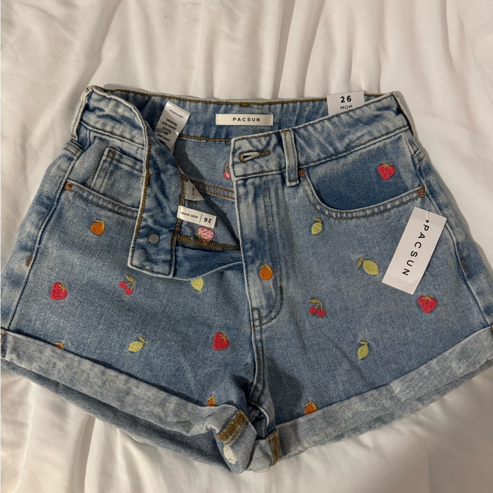 PacSun Light Wash Jean Shorts with Embroidered Fruits